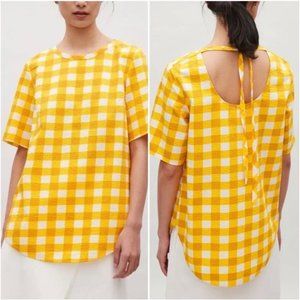 COS Yellow Gingham Check Short Sleeve Tie-back Tunic Top